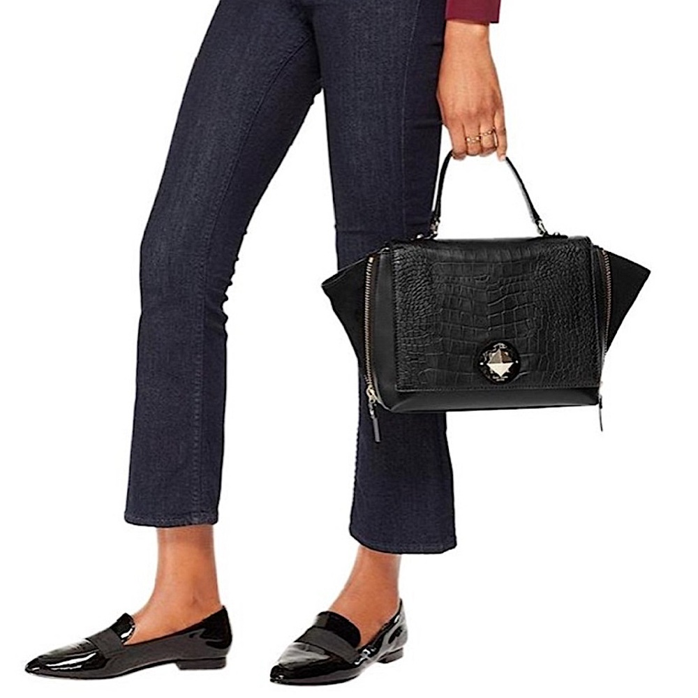 Kate Spade New York Varick Street Exotic Abbie Black Croc Embossed Leather Bag